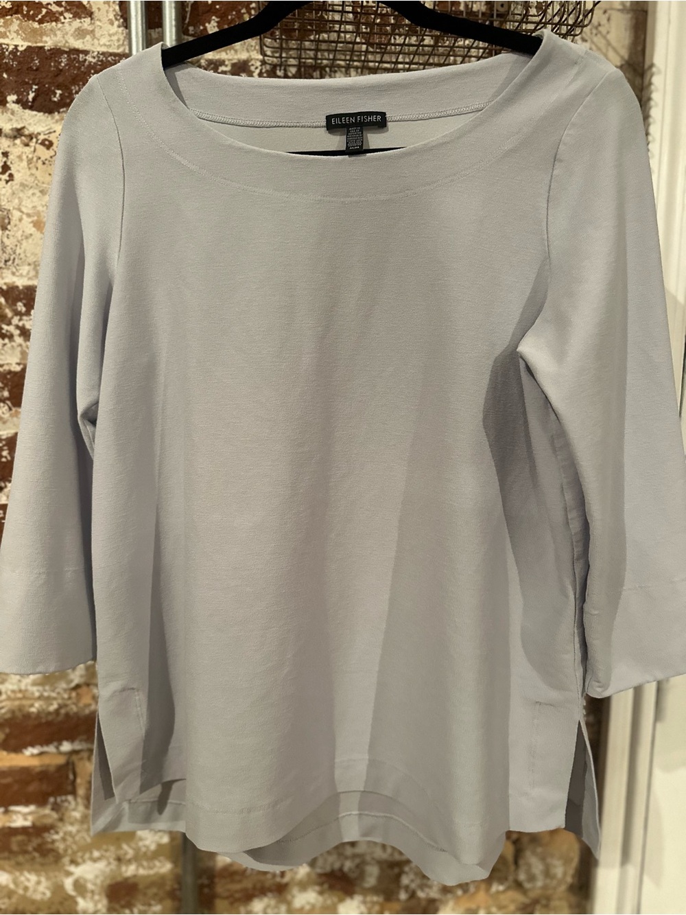 Eileen Fisher Pale Gray Boatneck 3/4 Sleeve Top, Size M